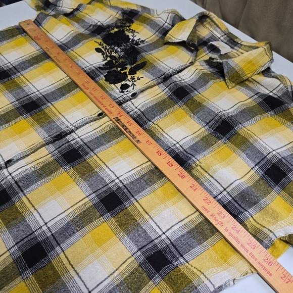 Maeve Shirt Women M/L Yellow Plaid Button Up Embroidered 3/4 Sleeve Flowers Boho - Picture 10 of 14